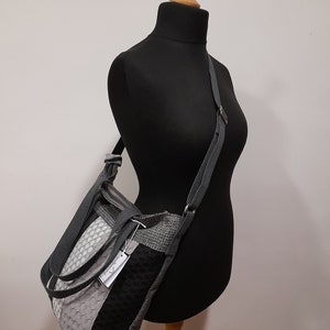 handmade bag, black and white, three-handle tote, zipper closure image 4