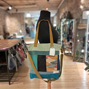 Tote bag, handmade, scraps, multi-colored, three handles, unique piece, 38x40cm