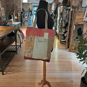 tote bag, handmade, pink, lilac, blue denim, two handles, magnetic closure, unique piece, 42x48cm
