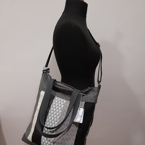 handmade bag, black and white, three-handle tote, zipper closure image 3