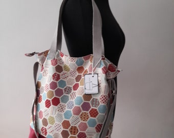 handmade bag, multicolored honeycomb, pink, turquoise, zipper closure, three handles