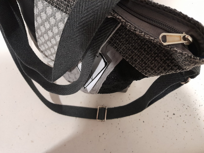 handmade bag, black and white, three-handle tote, zipper closure image 6