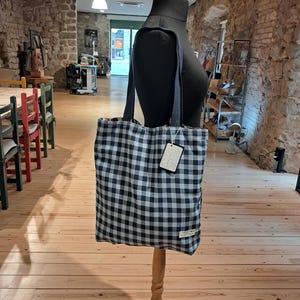Handmade tote bag, gingham, blue, two handles, carabiner, magnet, 40x44cm