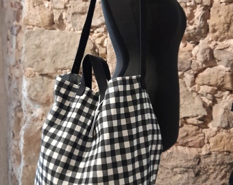 bolso tote grande, básico, blanco y negro, vichy, verde mint, cierre con imán, 52x44cm