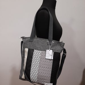 handmade bag, black and white, three-handle tote, zipper closure image 1