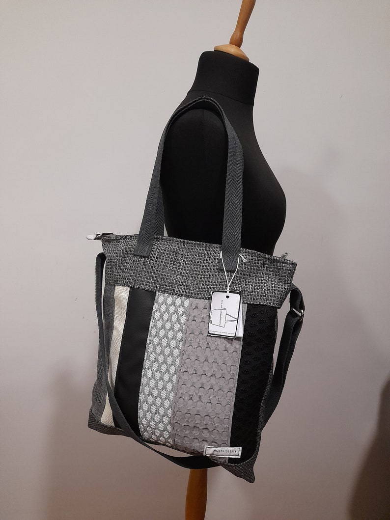 handmade bag, black and white, three-handle tote, zipper closure image 1