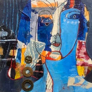Feeling Blue, is an original brightly colored mixed media, Picasso like abstract painting of a face on gallery wrap canvas.