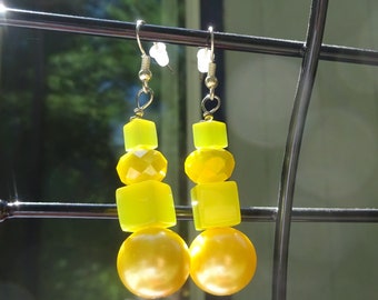 Yellow Squares and Crystal Cut Earrings (E130)