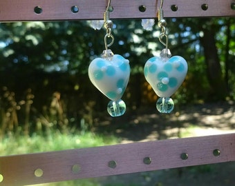 White Glass Hearts with Blue Flowers Earrings (E89)