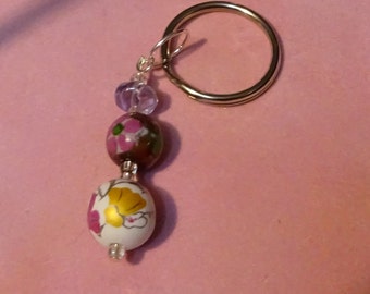 Double Floral Beaded Key Ring--Irises and Brown Bead with Pink Flower (C31)