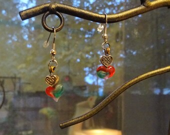 Smoky Red and Green Glass Heart with Metallic Hearts (E98)