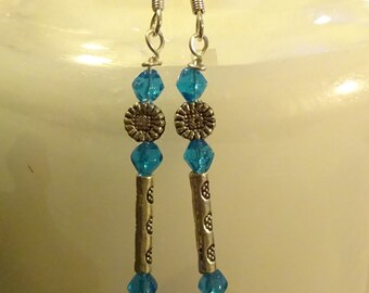 Petite Blue Beads with Antique-silver Long and Flower Beads (E7)