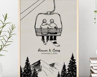 Custom Ski Lift Art Print: Personalized Chairlift Couple, Choose Genders & Ski/Snowboard, Mountain Couple Gift, Ski Wall Decor, Cabin Art