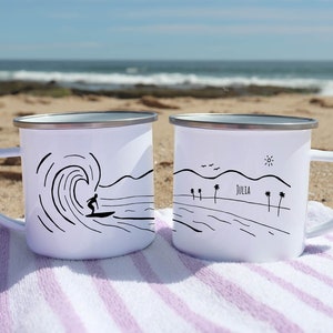 Custom camp mug surf decor, surf art gift for surfer hawaii decor custom enamel mug personalize beach california coffee mug image 1