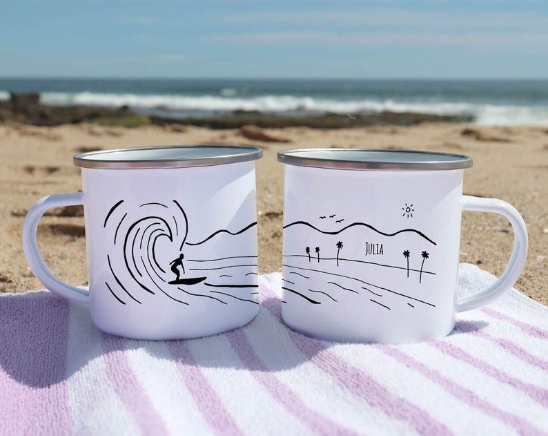 Custom camp mug surf decor, surf art gift for surfer hawaii decor custom enamel mug personalize beach california coffee mug image 1