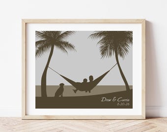 Beach Engaged Gift: Tropical Couple Hammock Art Print, Romantic Ocean Artwork for Newly Engaged Couples, One Year Anniversary