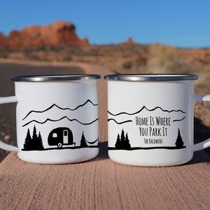 Camper decor - Home Is Where You Park It, custom enamel mug, adventure mug couples mugs rv decor happy camper mountain mug