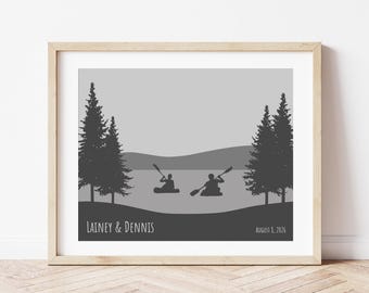 Kayaking Couple Wall Art: Scenic Paddling Watersports Print, Outdoorsy Couple Adventure Gift, Engagement or One Year Anniversary Artwork