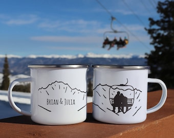 Ski gifts - custom enamel mug, ski decor tin anniversary gift mountain engagement mug snowboard mr and mrs mug camp coffee mug