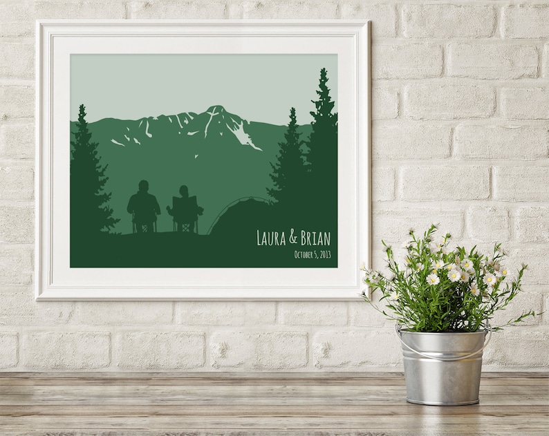 artwork with camping couple watching mountain forest background, print your chosen message is the Best Gift for Camper