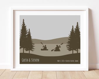 Kayaking Poster for Couples: Paddling Adventure Art, Outdoorsy Couple Wall Decor, Gift for Kayakers, Adventure Wedding or Engagement Art