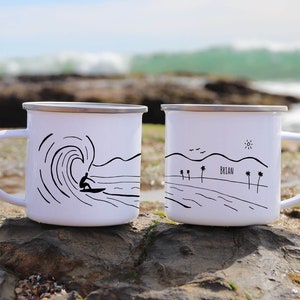 Custom camp mug surf decor, surf art gift for surfer hawaii decor custom enamel mug personalize beach california coffee mug image 2