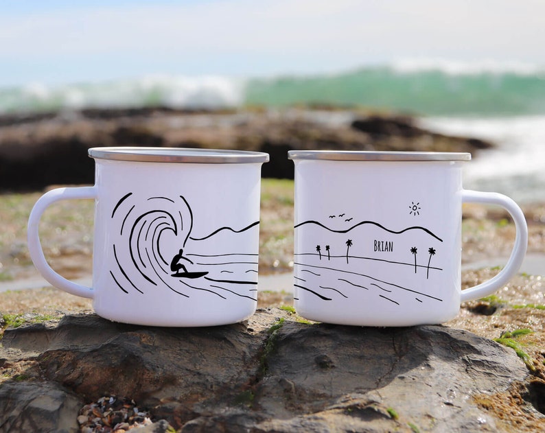 Custom camp mug surf decor, surf art gift for surfer hawaii decor custom enamel mug personalize beach california coffee mug image 2