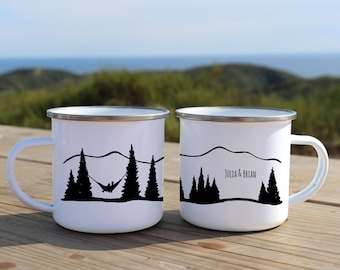 Engagement Mug Gift – Custom Enamel Mugs for Outdoorsy Couple, Elopement or Wedding, Tin Year Anniversary Camping Keepsake