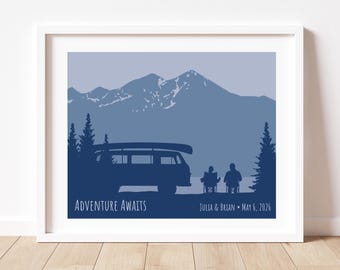 Personalized Campervan Artwork: Vanlife Couple Art Print, Unique Van Life Gift, Our Adventure Begins Poster, Gift for Outdoorsy Couple