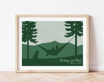 Hammock Couple Art Print with Dog – Rustic Wedding or One Year Anniversary Gift for Nature Lovers, Hikers, or Campers