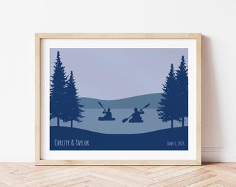 Kayaking Couple Print with Custom Text – Mountain Lake Art for Engagement, Wedding, One Year Anniversary, or Beach House Decor
