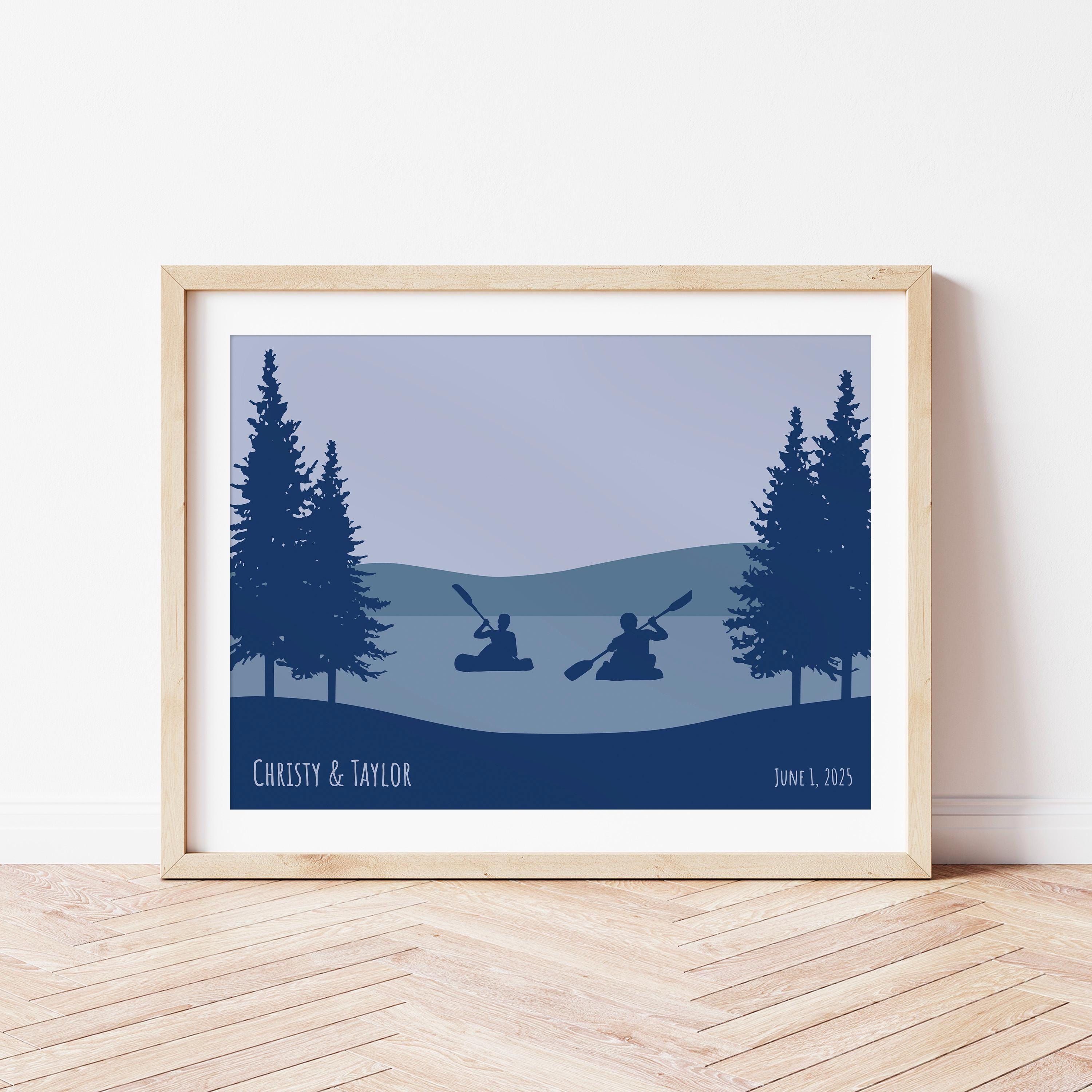 Kayaking Couple Print with Custom Text - Mountain Lake Art for Engagement, Wedding, One Year Anniversary, or Beach House Decor