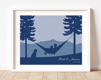 Hiking Engagement Art w/ Established Date: Couples Pet Print, One Year Anniversary Gift, Mountain Wedding Artwork, Personalized Engaged