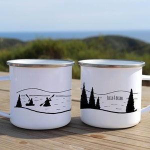 Tin anniversary mug, Lake House Decor, camping gear Enamel camp mugs Kayaking couples mugs unique coffee mug personalized metal