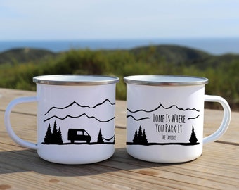 Vanlife Camping mug - Home Is Where You Park It, Camper Van, Custom enamel mug, Camping gift for dad, camper decor, van life