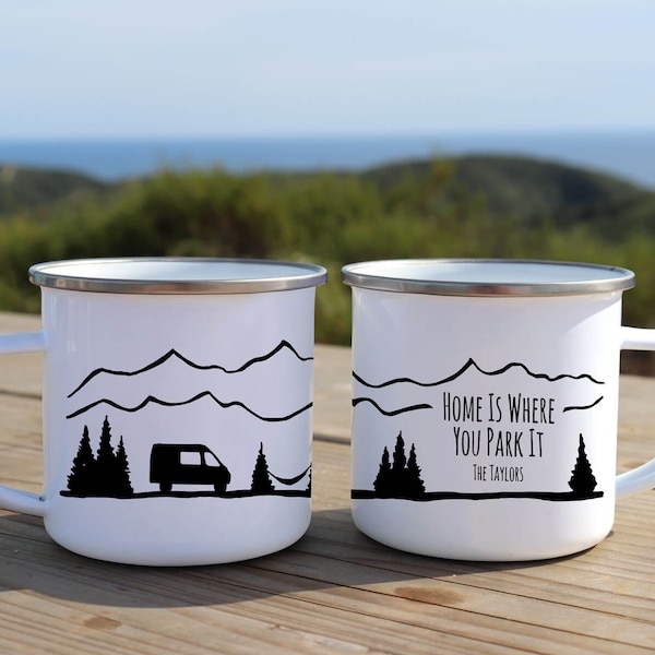 Vanlife Camping mug - Home Is Where You Park It, Camper Van, Custom enamel mug, Camping gift for dad, camper decor, van life