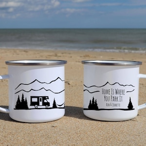 RV decor - Home Is Where You Park It Mug, Camper Decor Camping Mug, Van Life, Unique Camping Gifts, Happy Camper, Enamel Mug
