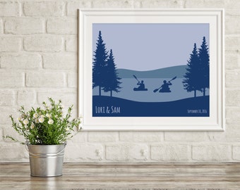 Lake House Decor, Personalized Art Print, Anniversary Gift for Wife, kayaking engagement gift mountain wedding kayak outdoorsy couple