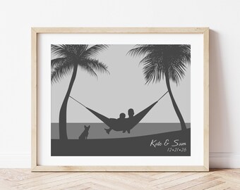 Beach Couple Art Print: Tropical Hammock Scene w/ Dog, Customized Engaged or Wedding Gift, 1st Anniversary Gift, Hawaii Couples Artwork