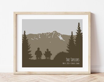 Camping Couple Print: Artwork for Outdoorsy Couple, Mountain Camping Art, Engaged Couple Gift, Established Date One Year Anniversary