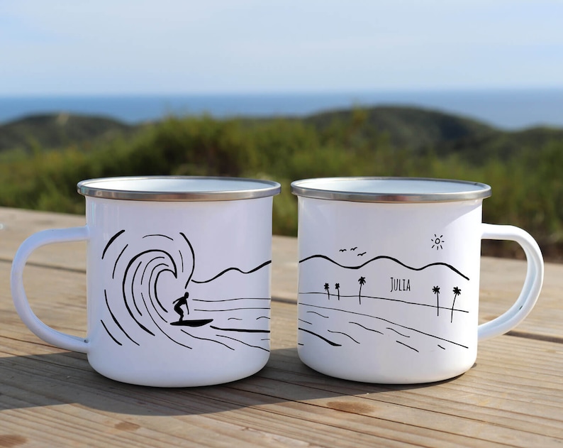 Custom camp mug surf decor, surf art gift for surfer hawaii decor custom enamel mug personalize beach california coffee mug image 3