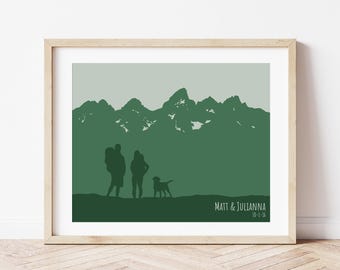 Regalo de senderismo para parejas: Impresión artística personalizada con perro para parejas amantes de la naturaleza, obra de arte personalizada con fecha de establecimiento, primer aniversario o boda.
