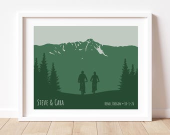 Biker Engagement Art Print: Mountain Biking Adventure Couple Art, Unique Cyclist Gift, Engaged Mountain Couple Decor with Established Date