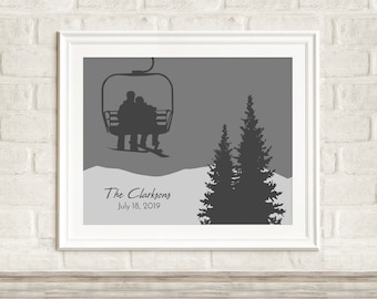 Custom Ski Art Print, Wedding Gift for Skiers, Chair Lift Art, Ski Gifts, Personalized Anniversary Art, Adventure Engagement Gift, Ski Art