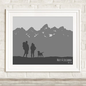 Hiking Art Print ~ Personalized Engagement Gift, Hike Gift Adventure Art Wedding Gift for Outdoorsy Couple Anniversary gift wife dog owner