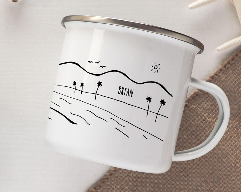 Custom camp mug surf decor, surf art gift for surfer hawaii decor custom enamel mug personalize beach california coffee mug image 6