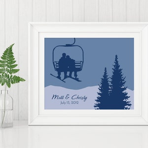 Ski Lift Art Print, Personalized Gift for Skier Couple, Ski Gifts, Anniversary Art, Engagement Gift for Outdoorsy Couple Colorado Snowboard