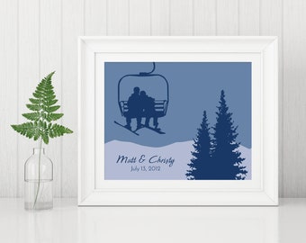 Ski Lift Art Print, Personalized Gift for Skier Couple, Ski Gifts, Anniversary Art, Engagement Gift for Outdoorsy Couple Colorado Snowboard