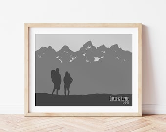 Custom Hiker Couple Wall Art: Personalized Mountain Print for One Year Anniversary or Engagement Gift