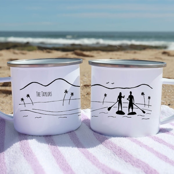 Paddle board Custom name mug, SUP Couple Beach themed decor, Best friend mug, Rustic coffee mug Beach lover gift Camping gear